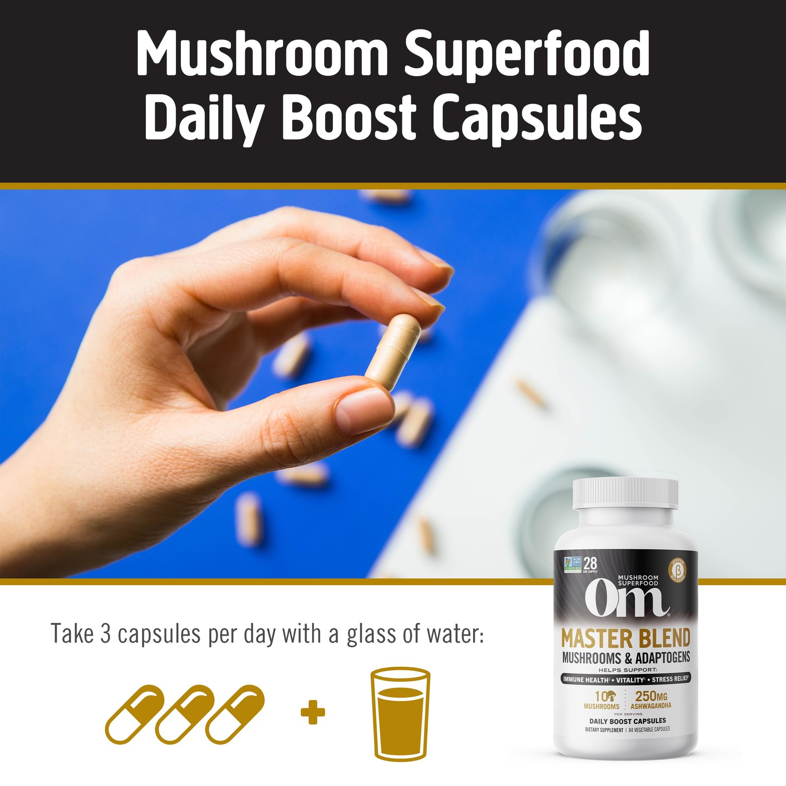 Om Mushroom Superfood Master Blend Capsules 160 Count Organic Health Supplement