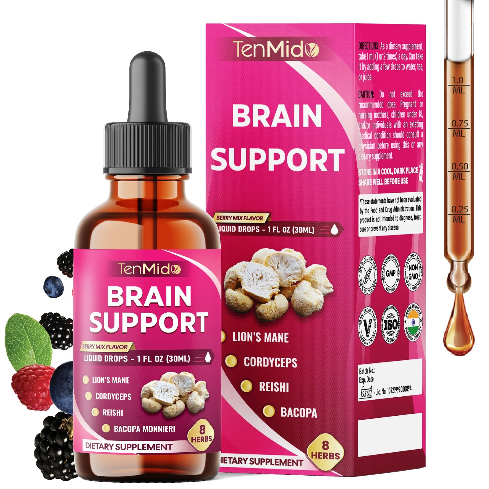 Tenmido Brain & Focus Support Liquid Drops – 8in1 with 1 Fl Oz (Pack of 1)