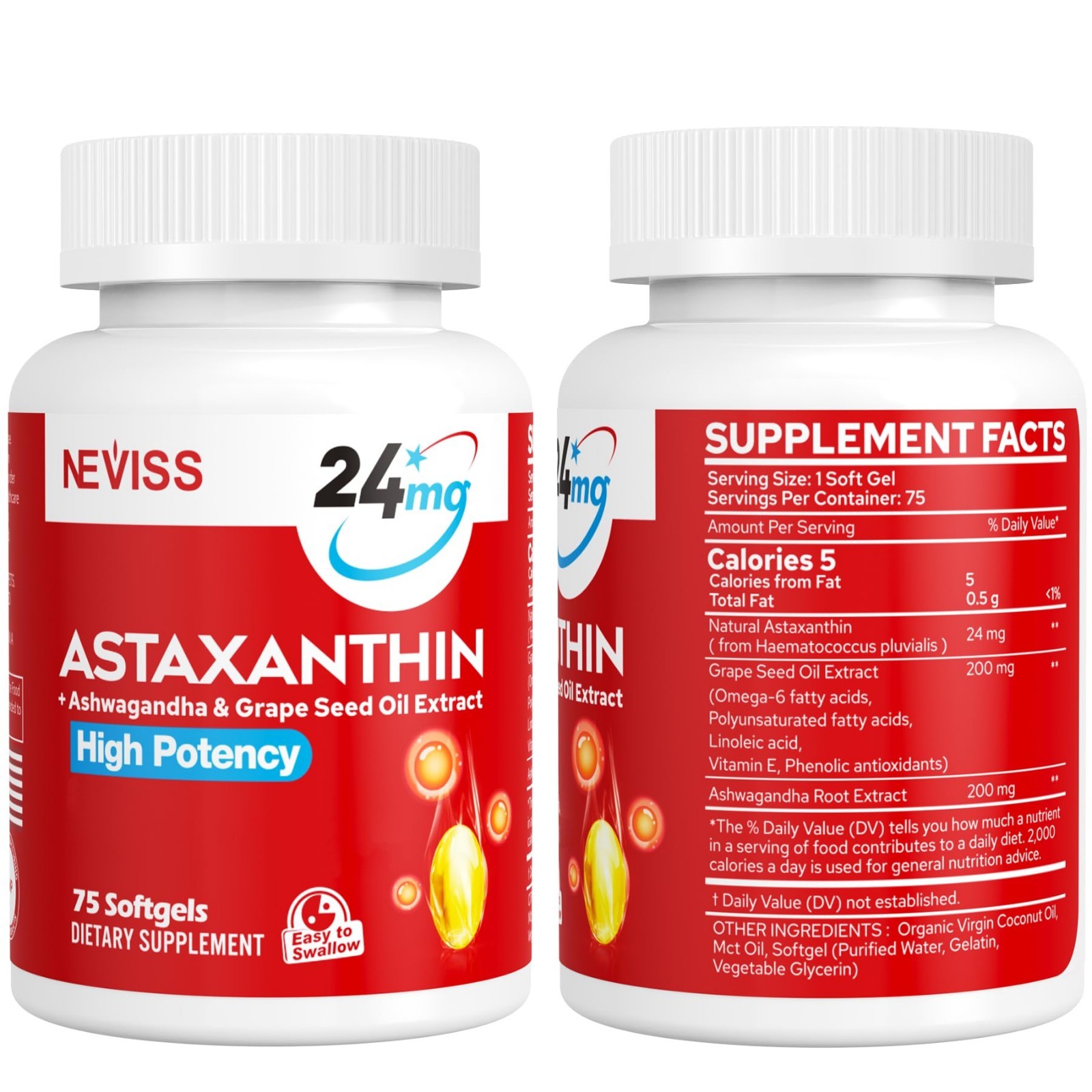 Astaxanthin 24mg Supplements – 150 Softgels with MCT Oil & Grape Seed Oil, Antio