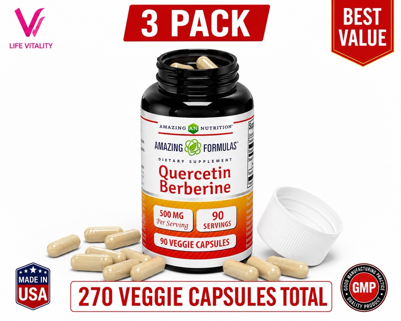 Quercetin Berberine 500mg 3 Pack 270 Veggie Capsules Antioxidant Supplement