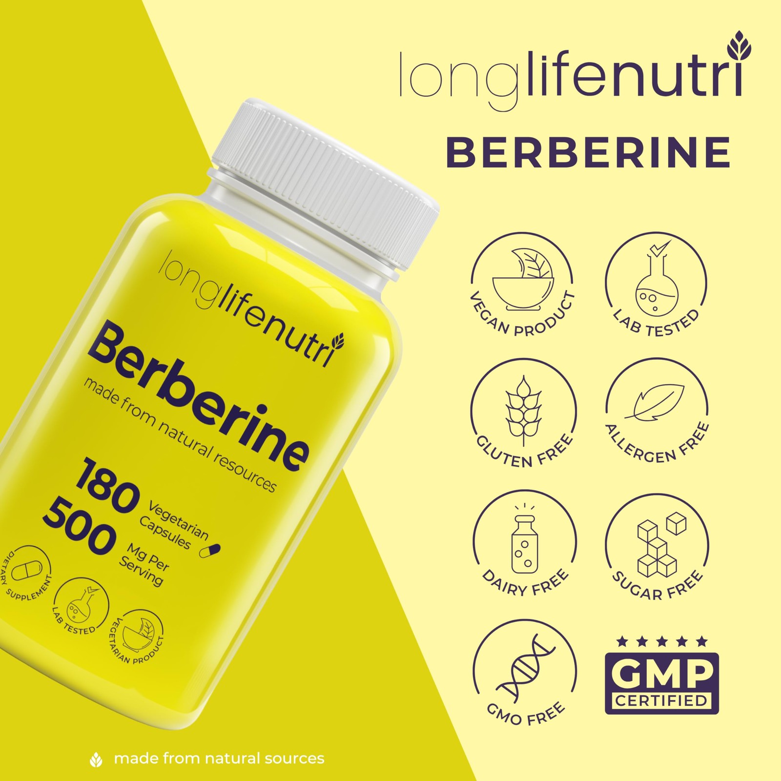 Berberine 500mg HCL Extract – from Berberis 180 Count (Pack of 1), Yellow