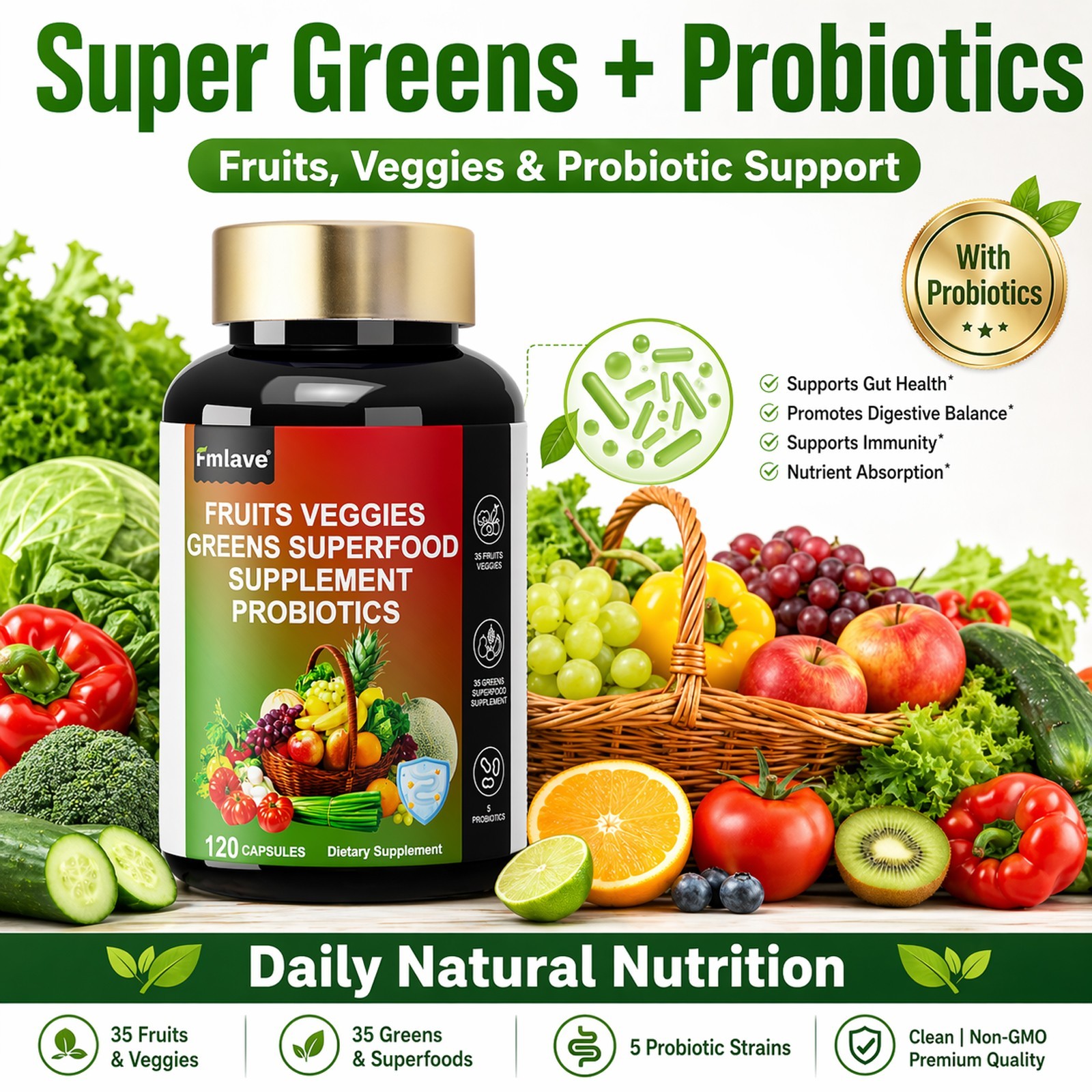 70 Fruits and Veggies Supplement 120 Vcaps – 1 Billion CFU Probiotics Prebiotic