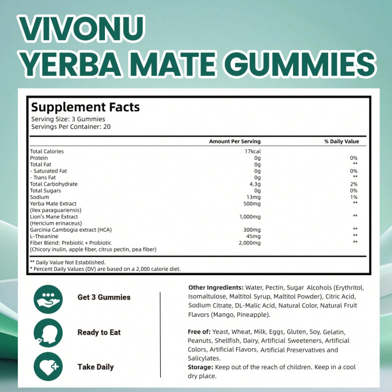 Yerba Mate Probiotic Gummies Lion’s Mane Garcinia 60 Count Free Sugar Gmo Gluten