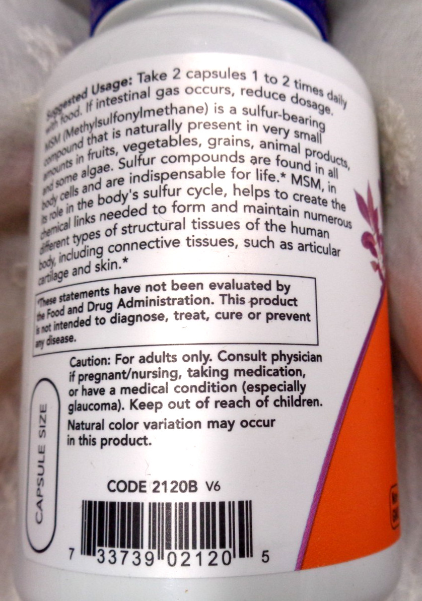 NOW FOODS MSM Methylsulfonylmethane 1000 mg 120 Veg Capsules EXPIRES 4/2029