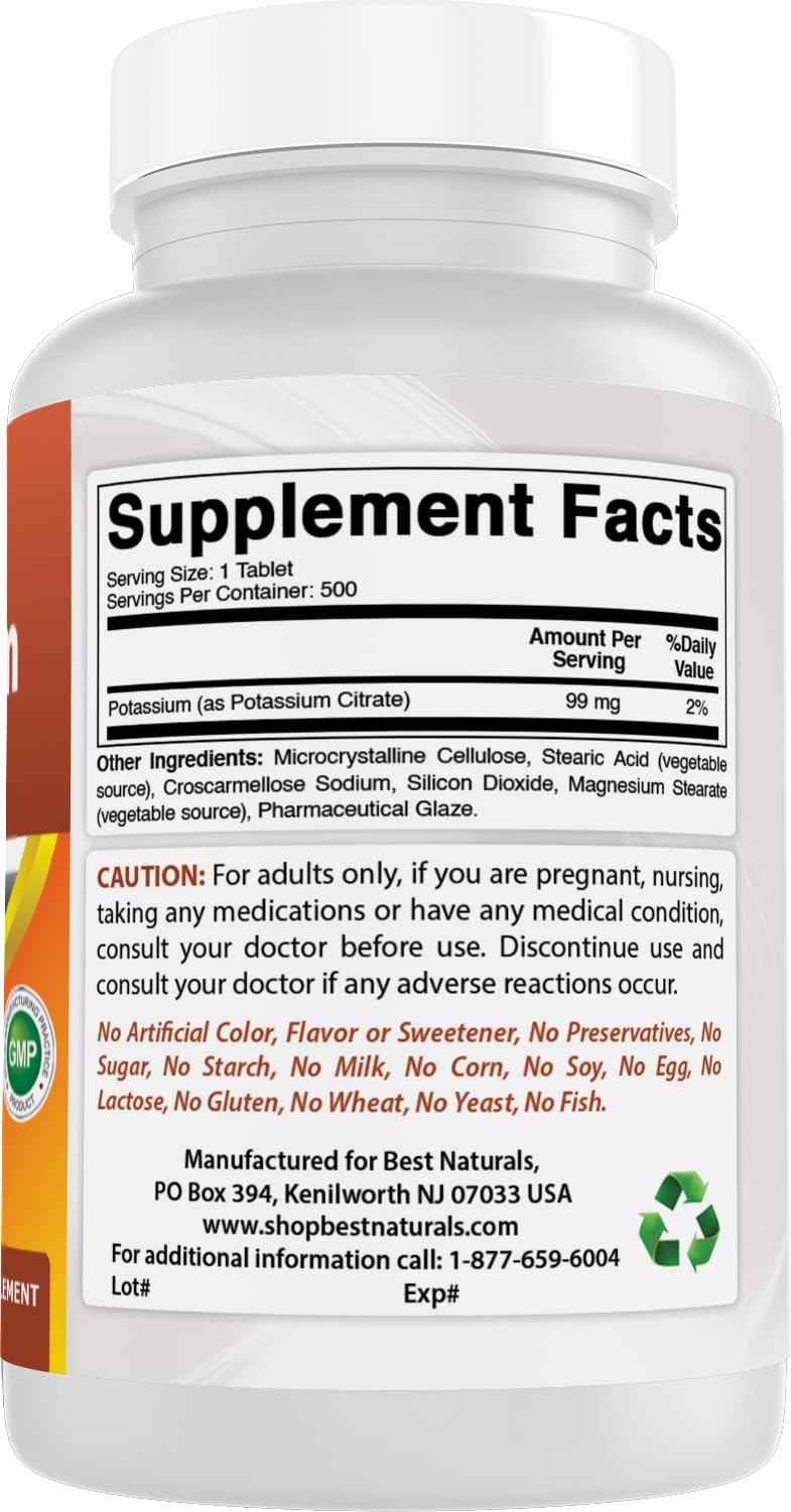 Best Naturals Potassium Citrate 99mg 500 Tablets – 3rd Party Lab Tested