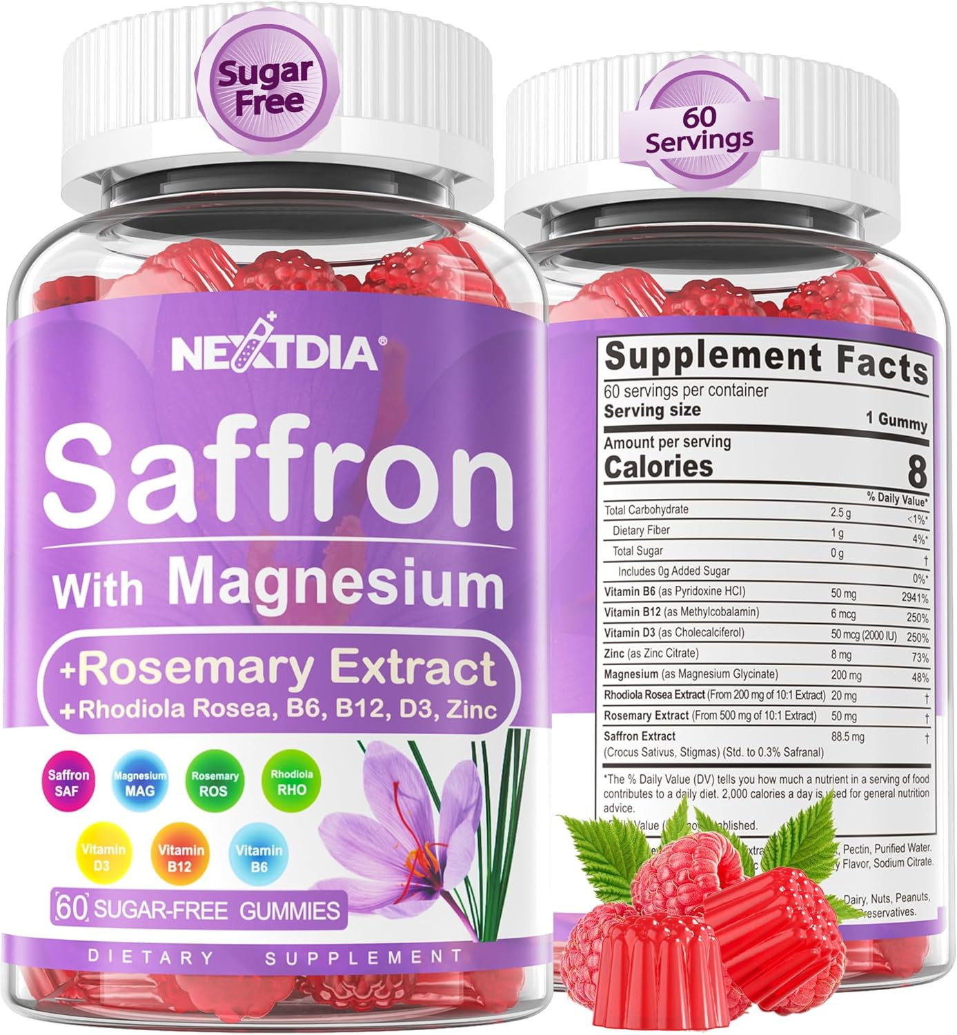 Saffron with Magnesium Glycinate Gummies, 2 Months Supply -Sugar Free Magnesium
