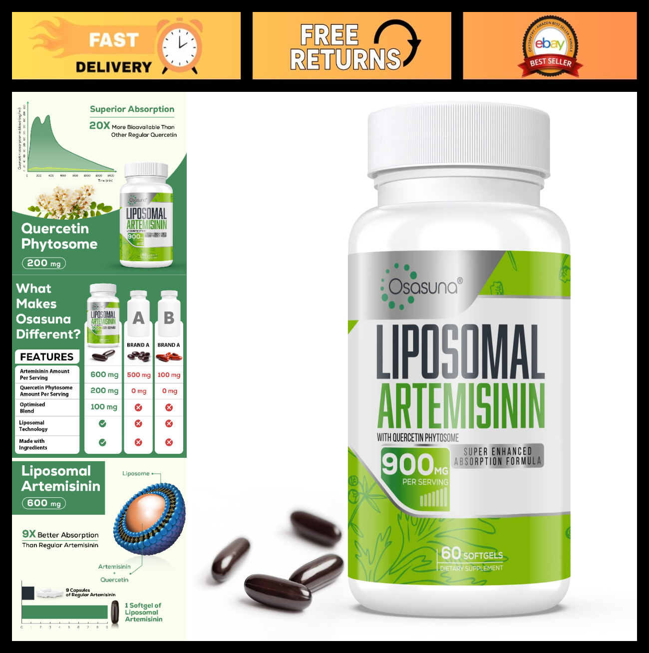 900mg Liposomal Artemisinin & Quercetin 200mg – Sweet Wormwood Extract, 60 Softg