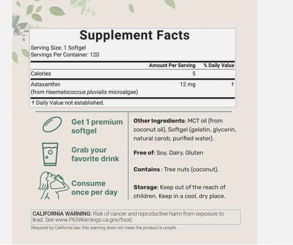 NEW Astaxanthin 12mg from Natural Microalgae For Skin Glow & Antioxidant Support