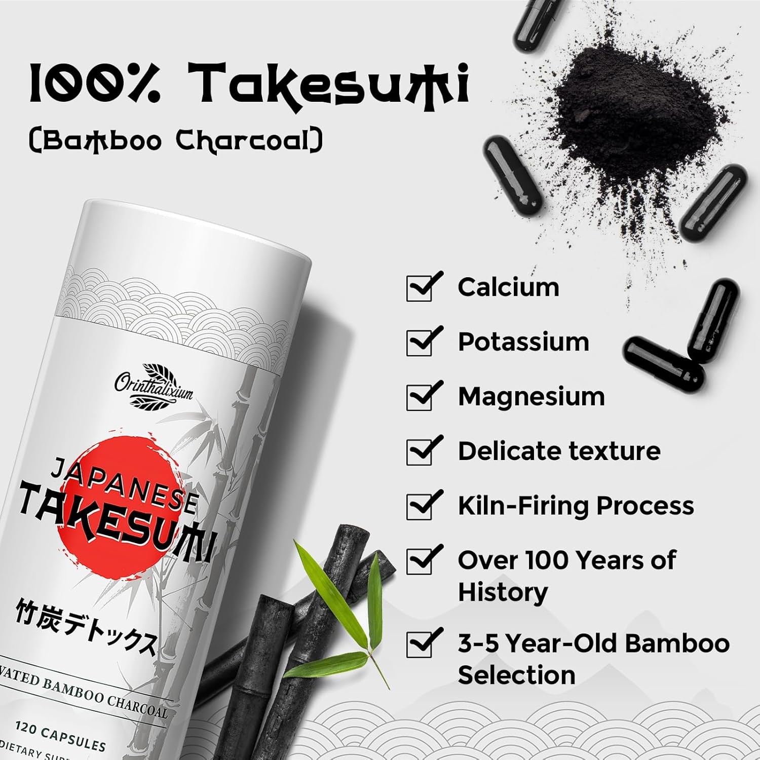 Orinthalixium Takesumi Activated Charcoal 2000mg Bamboo Supplement Capsules