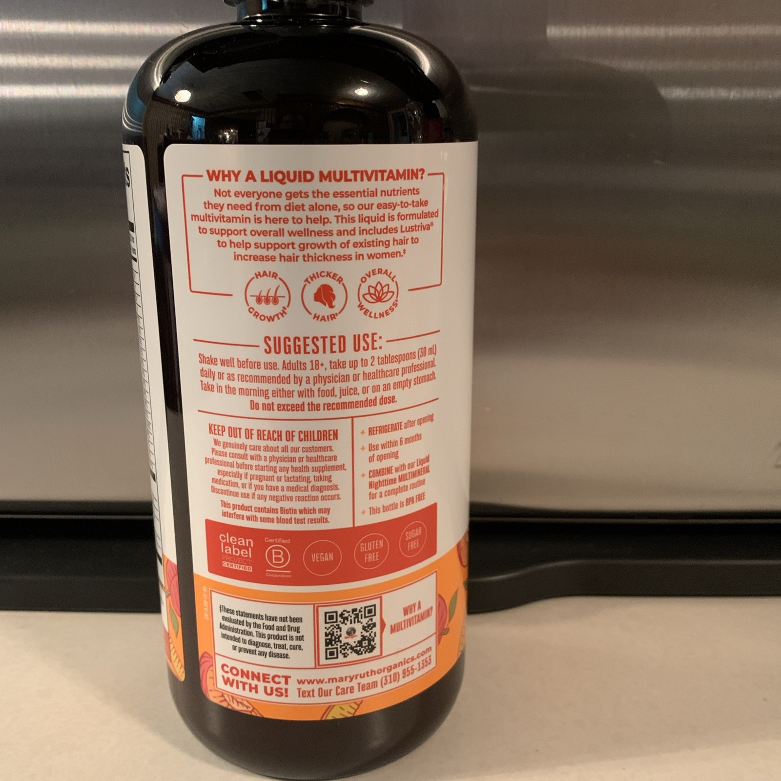 MaryRuth’s Liquid Multivitamin Lustriva Hair Growth Peach Mango 22 fl oz BB 1/28