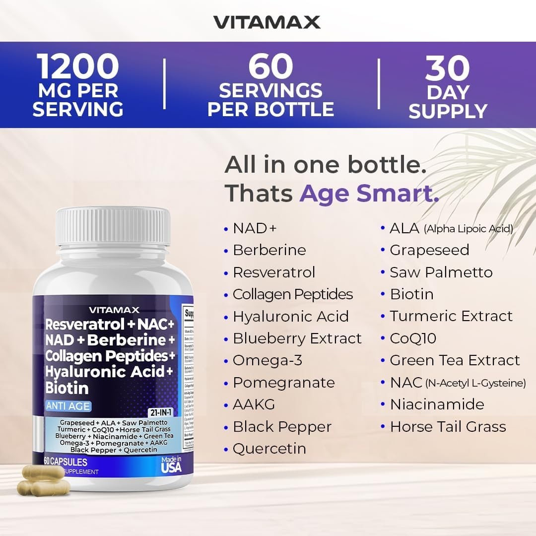 Vitamax Resveratrol NAD+ Berberine Hyaluronic Acid – Biotin Grape & Blueberry +