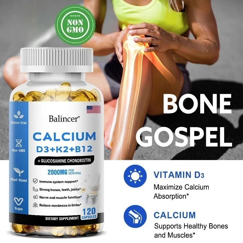 Calcium Capsules w/ D3+K2+B12 Support Bones Muscles Health Immune System 120Caps