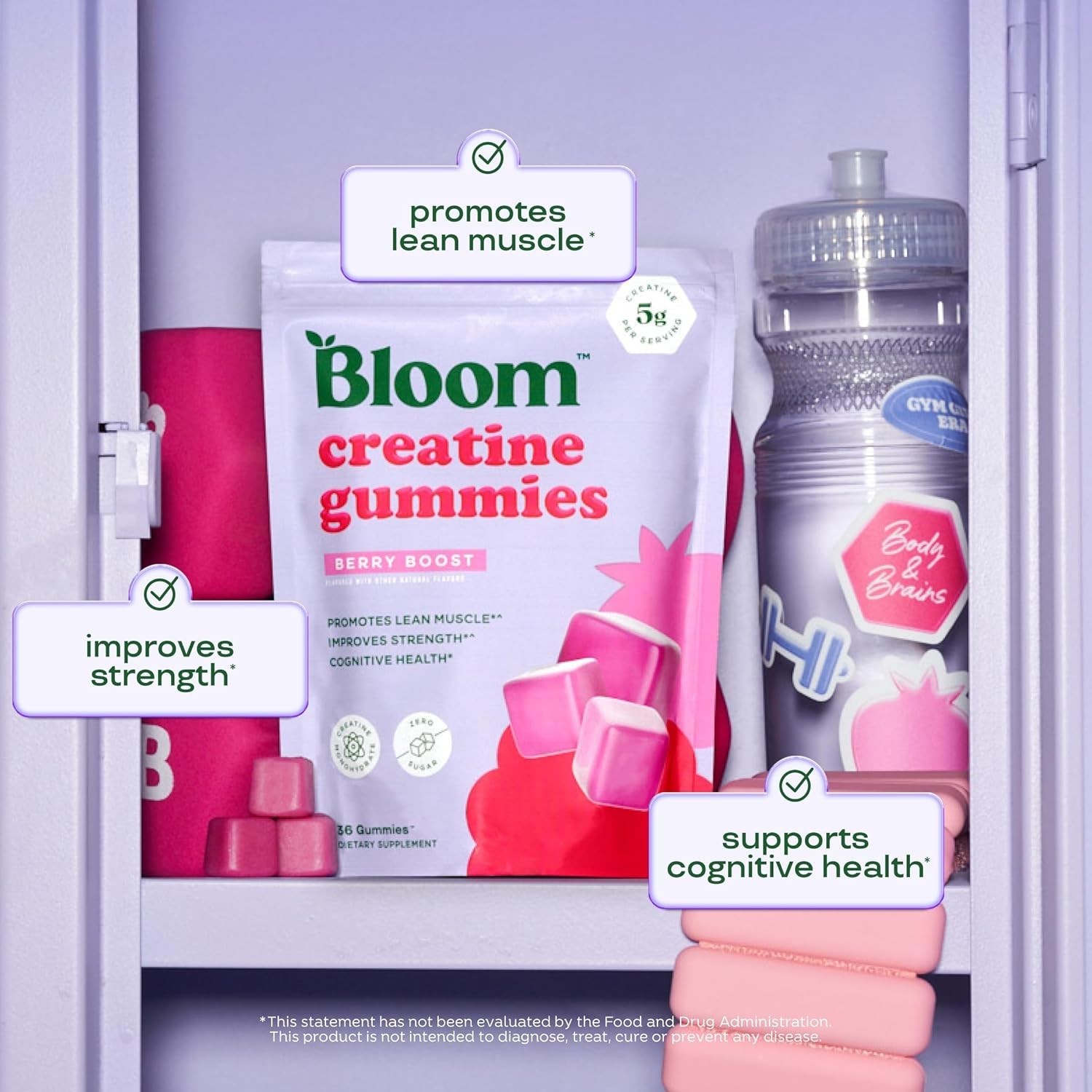 Exp 06/27 Bloom Monohydrate Gummies 5g/Serving Sugar Free Berry 36 Count