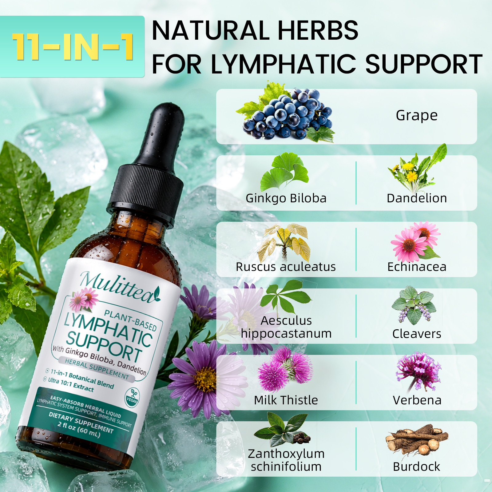 60ML Vegan 11-in-1 Lymphatic Drainage Supplements-Lymph System Support Non-GMO