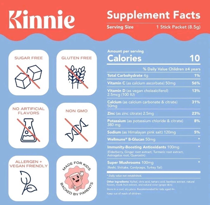 Kinnie Kids Immune & Hydration Drink Mix – Mixed Berry Sugar Free Zinc 01/2027