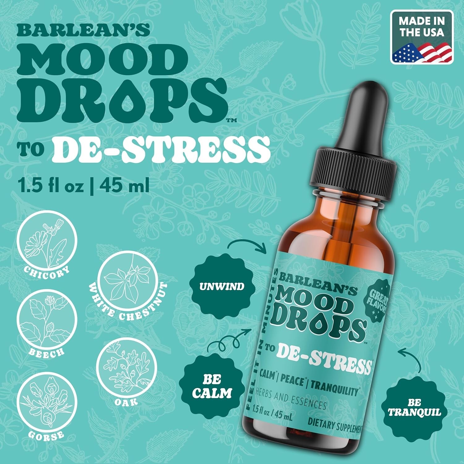Barlean’s Mood Drops De-Stress 1.5 fl oz Herbal Passionflower Flower Essences