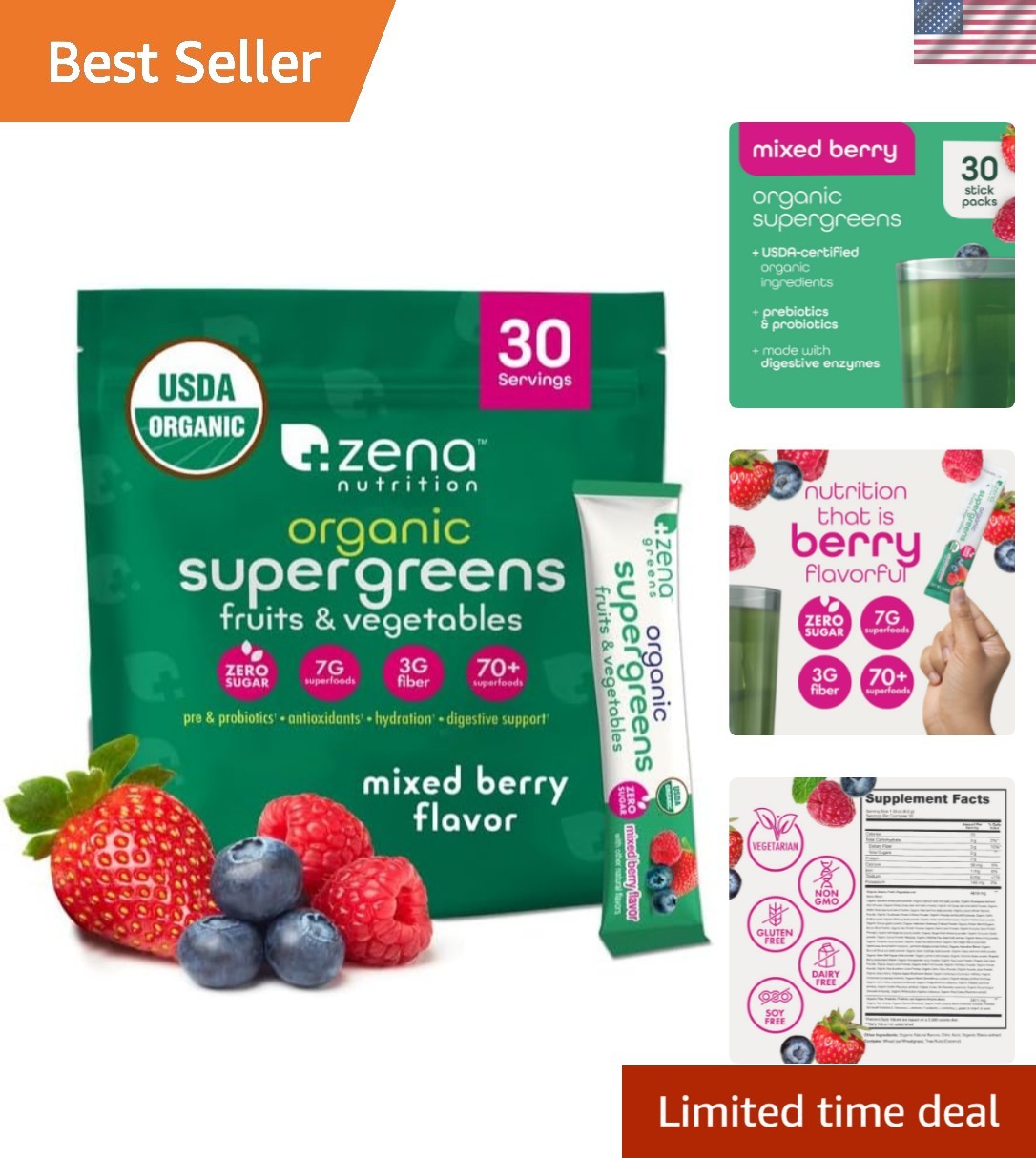 Organic Super Greens Powder – 70+ Superfoods, 0 Sugar, 3g Fiber, Mixed Berry