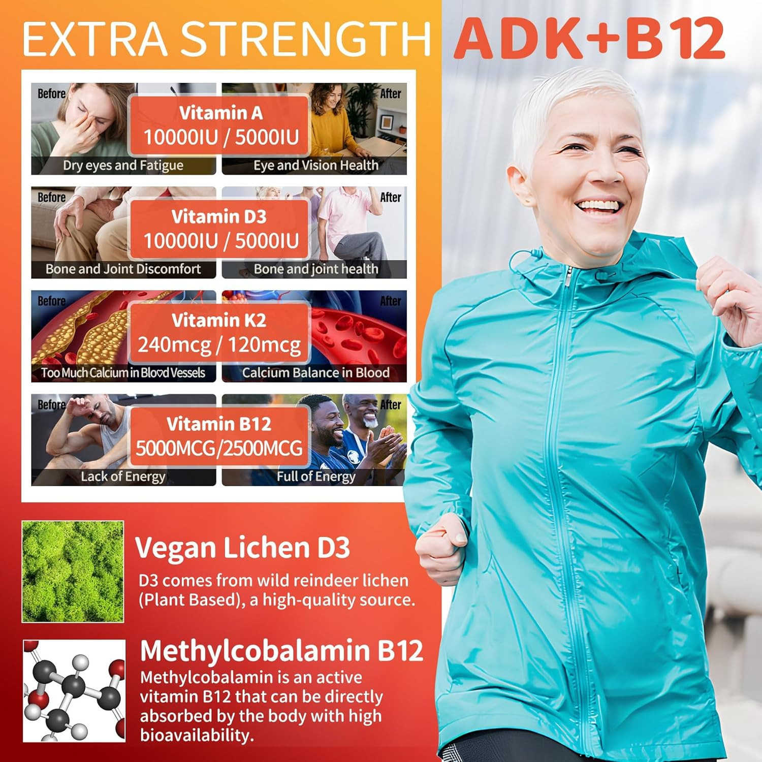 Sugar-Free Adk+Vitamin B12 Gummies – Vitamin D3 K2 10,000IU/ 5000IU, B12 5000…