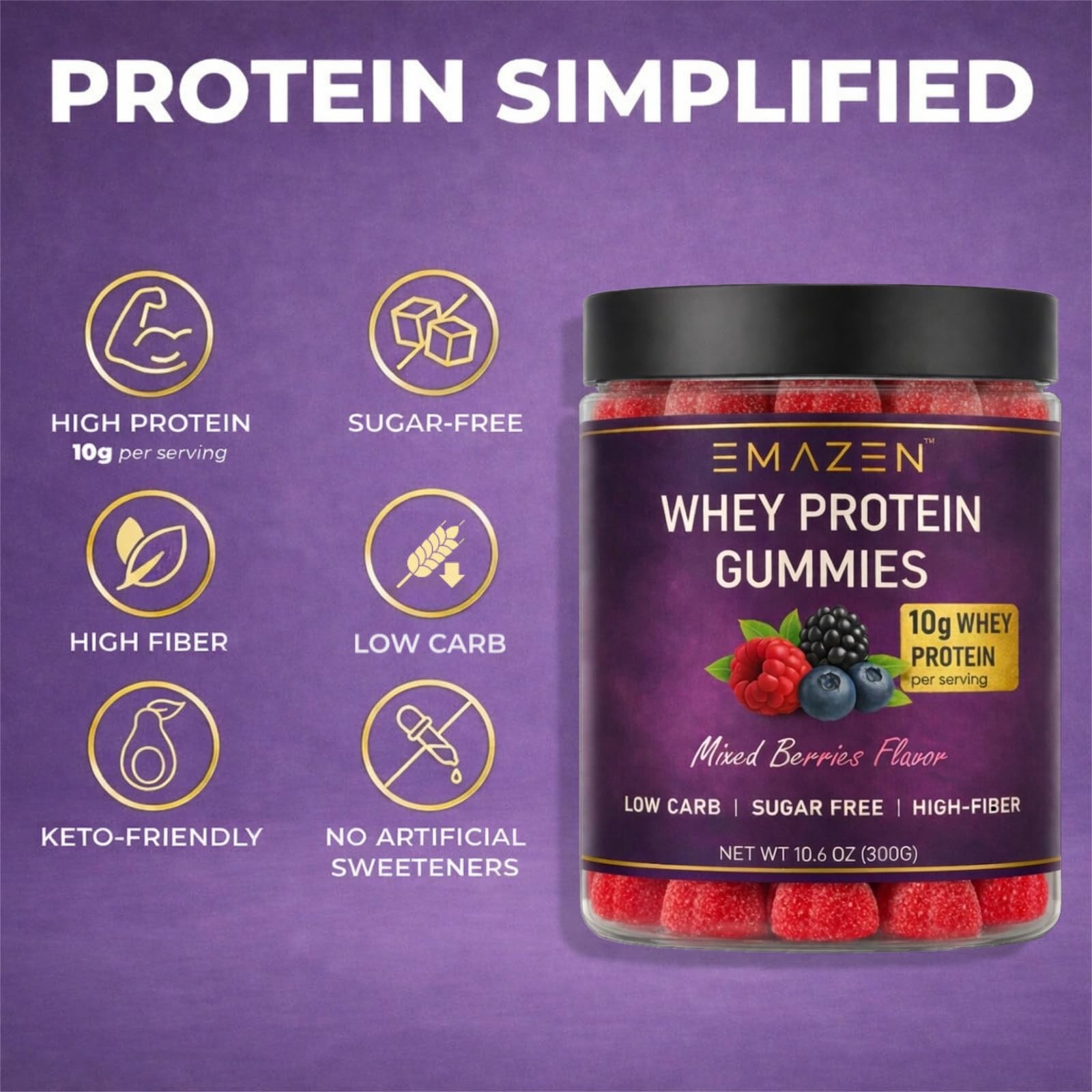 EMAZEN Whey Protein Gummies Mixed Berries Sugar Free Keto 10g Protein 5 Count