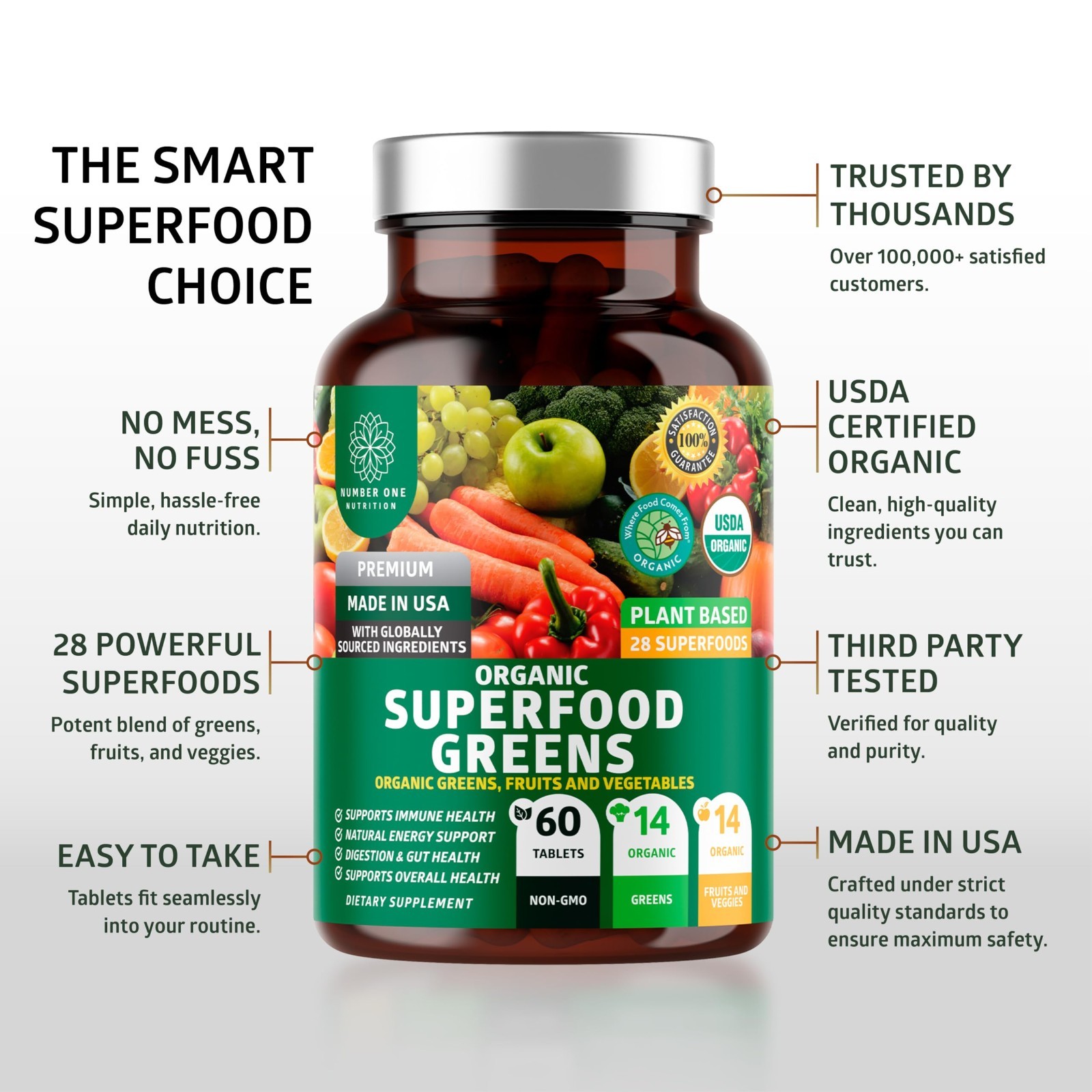 Organic Superfood Greens Tablets – 28 Vegan Ingredients, Non-GMO, Antioxidant, I