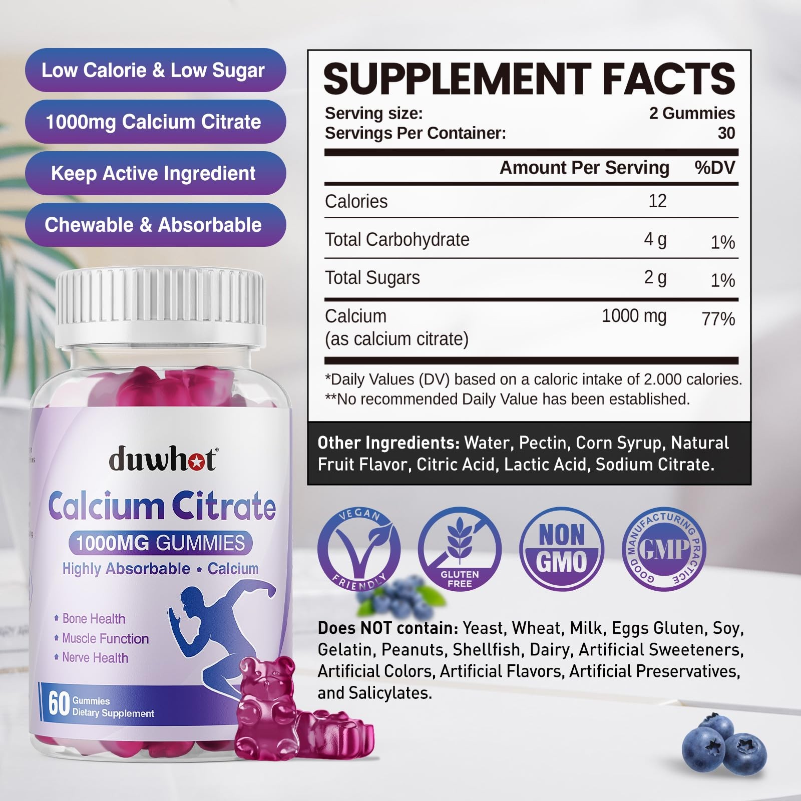 duwhot Calcium Citrate Gummies, Chewable 1 Count (Pack of 60)