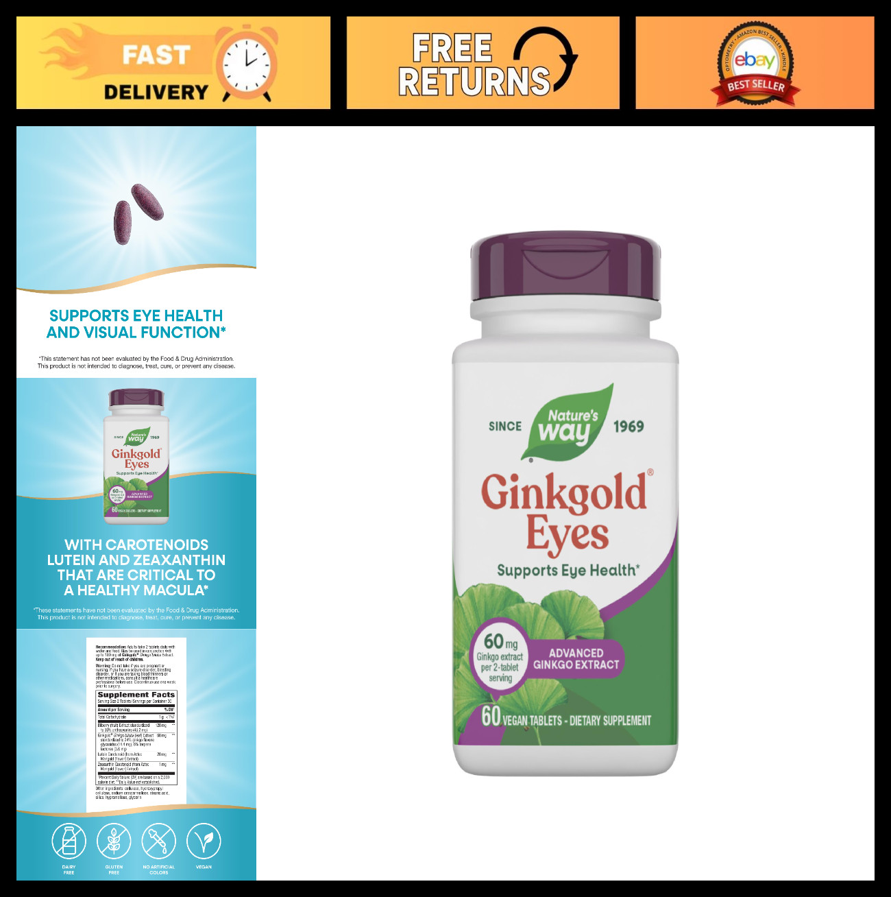 Ginkgo Biloba Eye Health Supplements – 60mg, Gluten-Free, 60 Tablets, Supports V