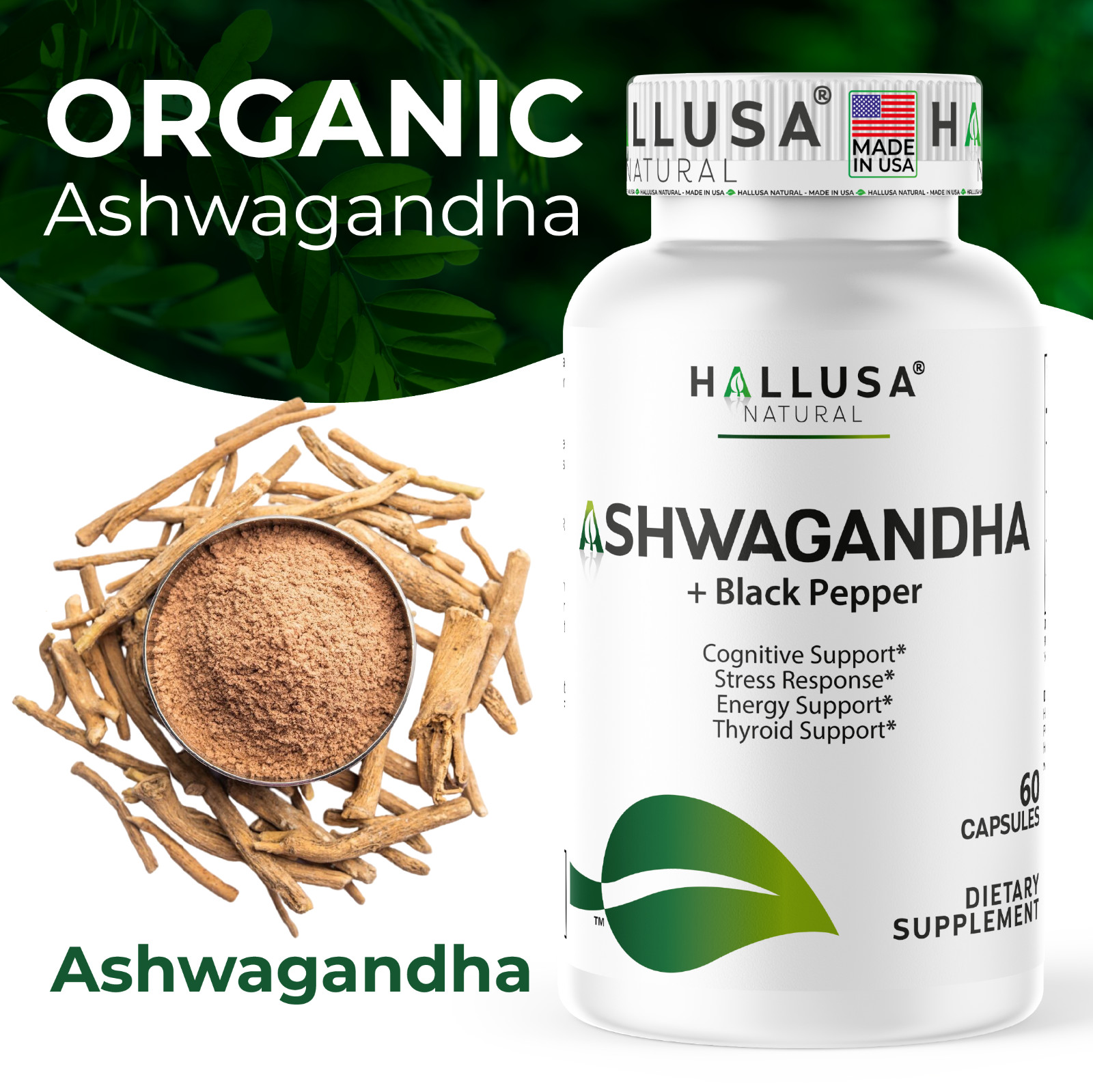 Organic Ashwangandha Root Extract with Black Pepper – Natural Supplement 60 CAP