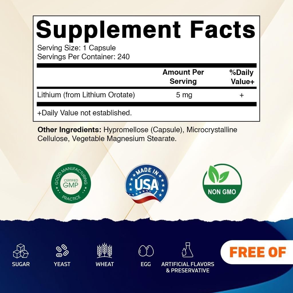 Vitamatic Lithium Orotate 5mg, 240 Veggie Capsules, Non-GMO, Gluten Free.USA