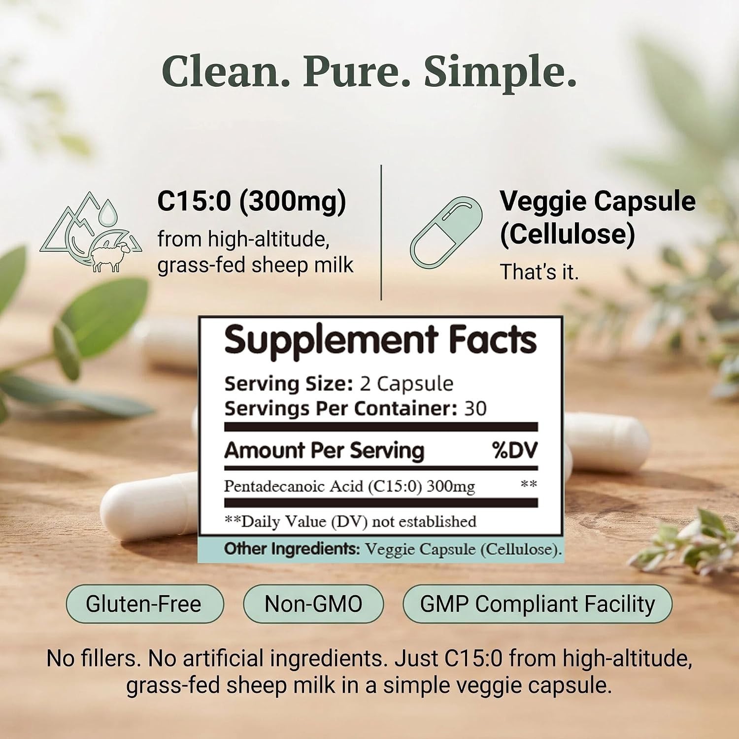 Pentadecanoic Acid Supplement 300mg Metabolic & Cellular Health Support Capsules