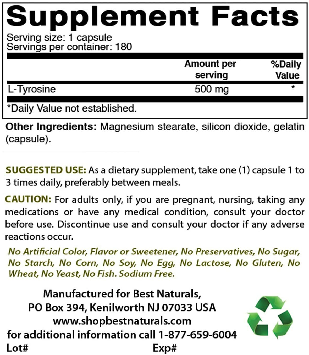 3 Pack Best Naturals L-Tyrosine 500 Mg 180 Capsules