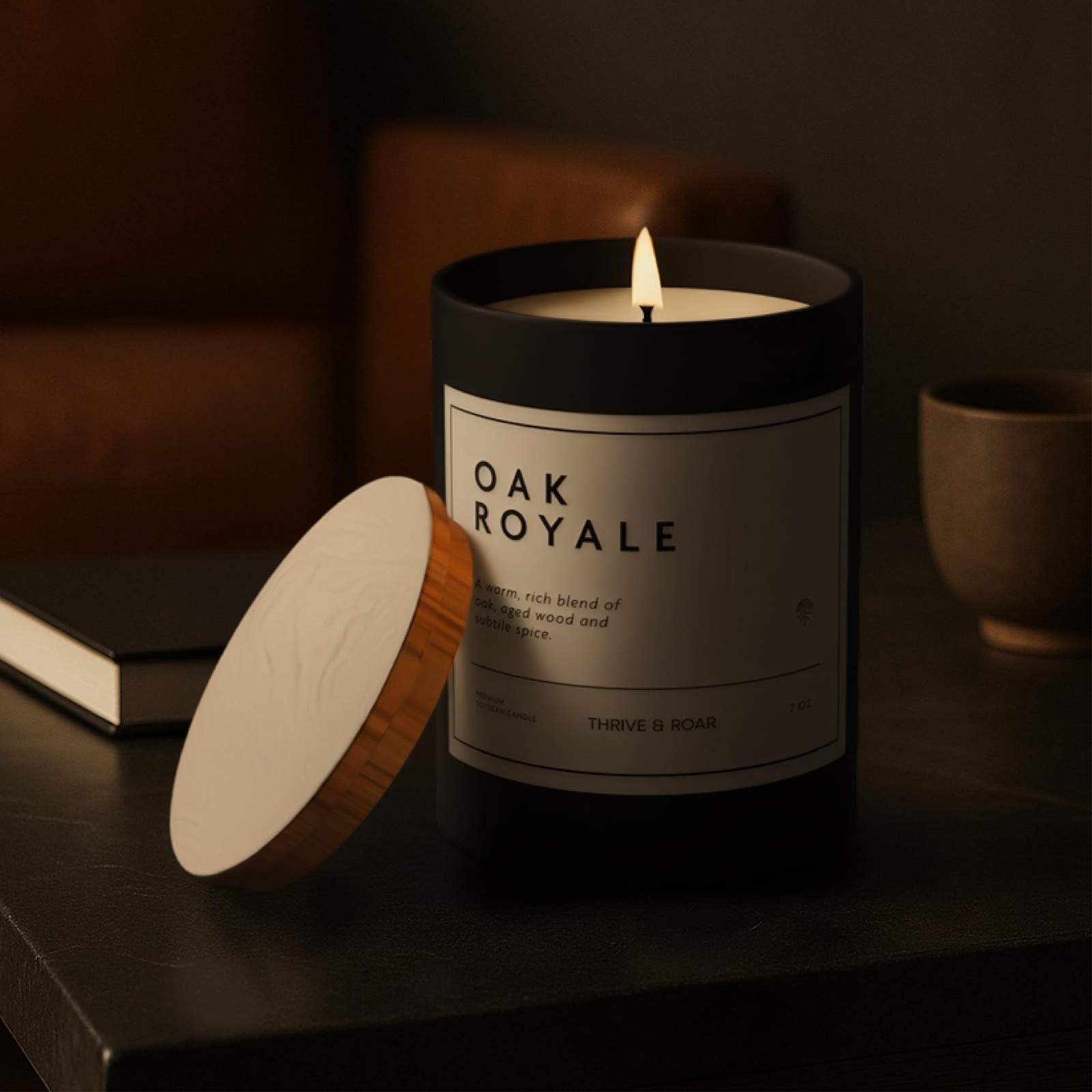 Thrive & Roar – Oak Royale Premium Scented Candle for Men – 7oz Long Lasti
