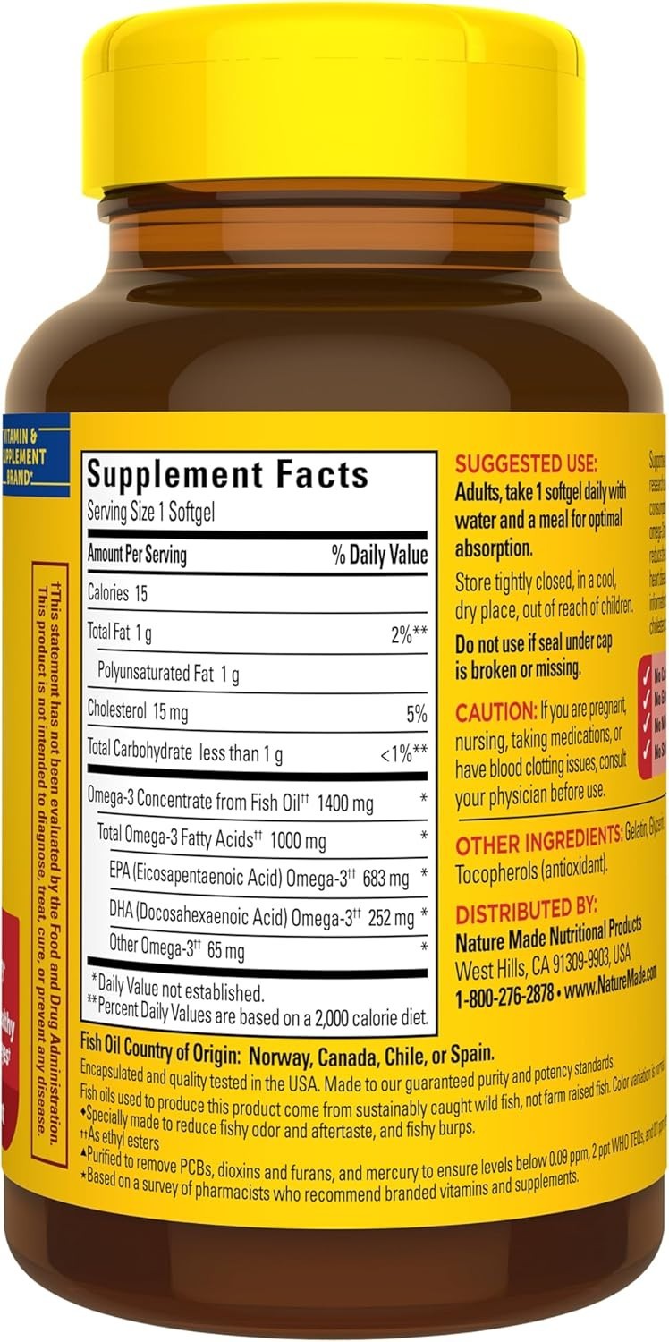 Extra Strength Omega-3 Fish Oil 1400mg – 45 Burp-Less Softgels for Heart Health