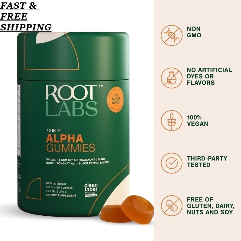 3PCS- Root Labs 10-1 Alpha Gummies | 4K mg Pure Shilajit & KSM-66 | 60 Gummies
