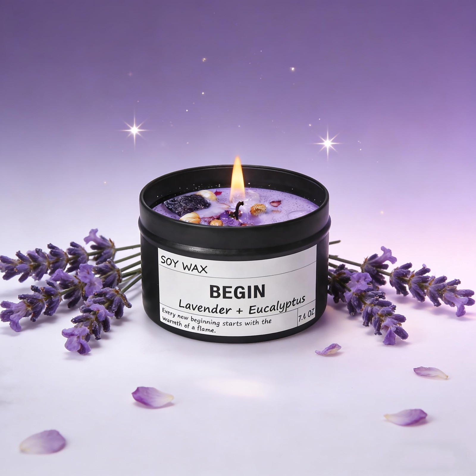 Begin New Beginnings Lavender & Eucalyptus Scented Candle, Black Jar with Pur…