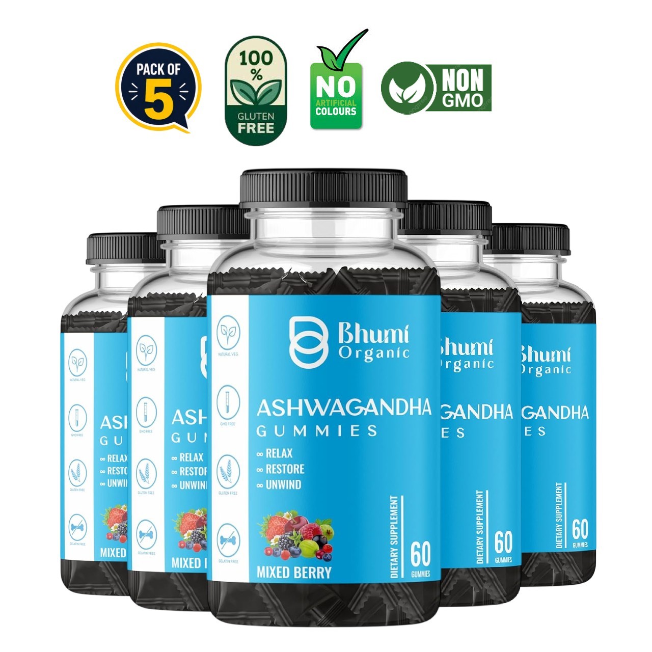 Bhumi .Organic KSM-66 Ashwagandha Gummies – Pack of 5 (300 Gummies)