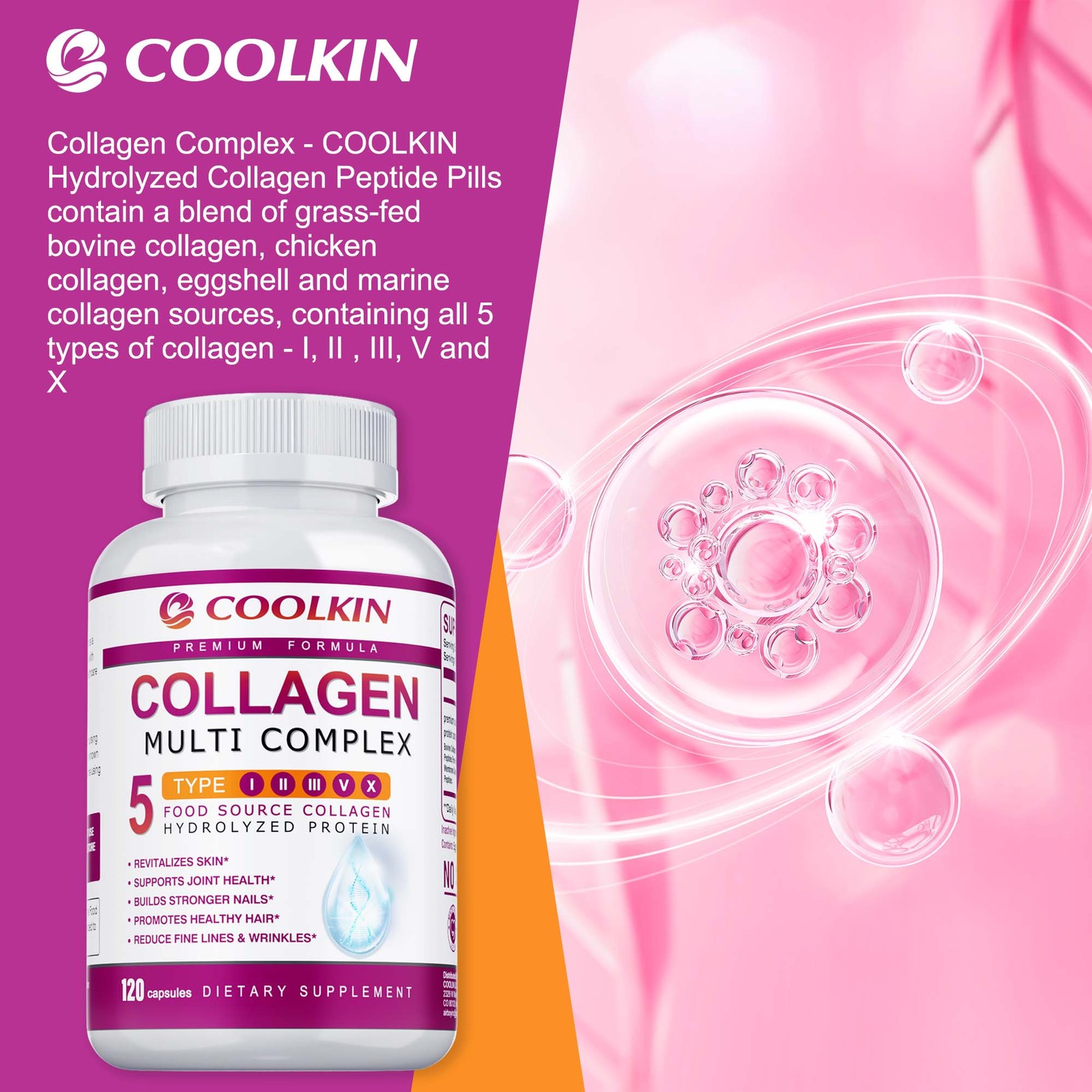 Collagen 1000mg – Types I,II,III,V,X – Anti-Aging, Skin, Joint Health Support
