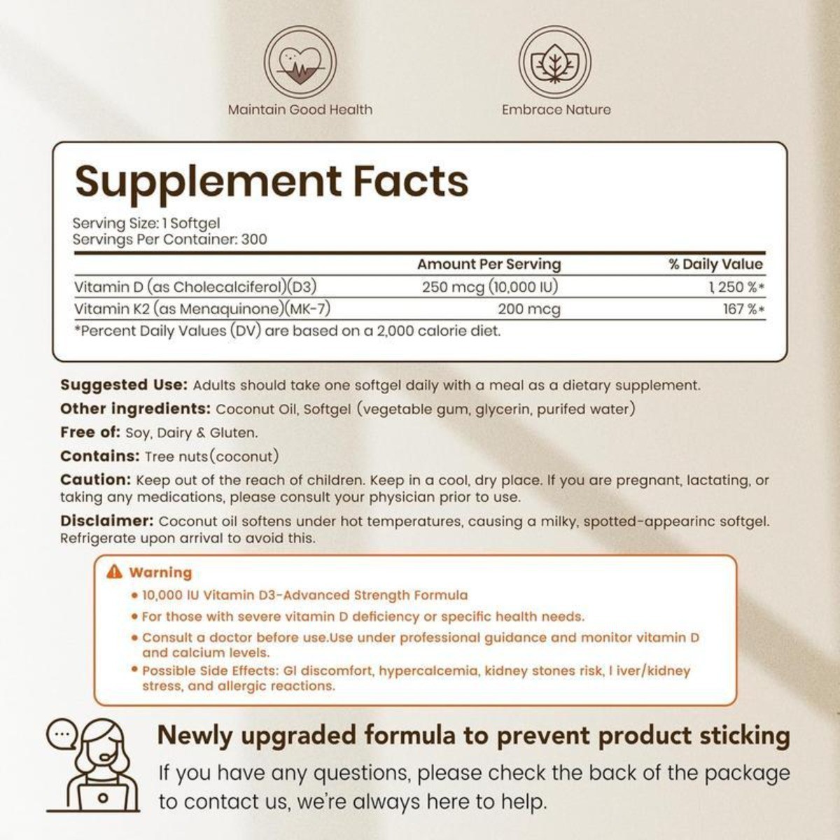 VEV Vitamin D3 K2 MK7 Softgels,10000IU D3 +200mcg K2 Coconut Oil,300 Count 3PCS