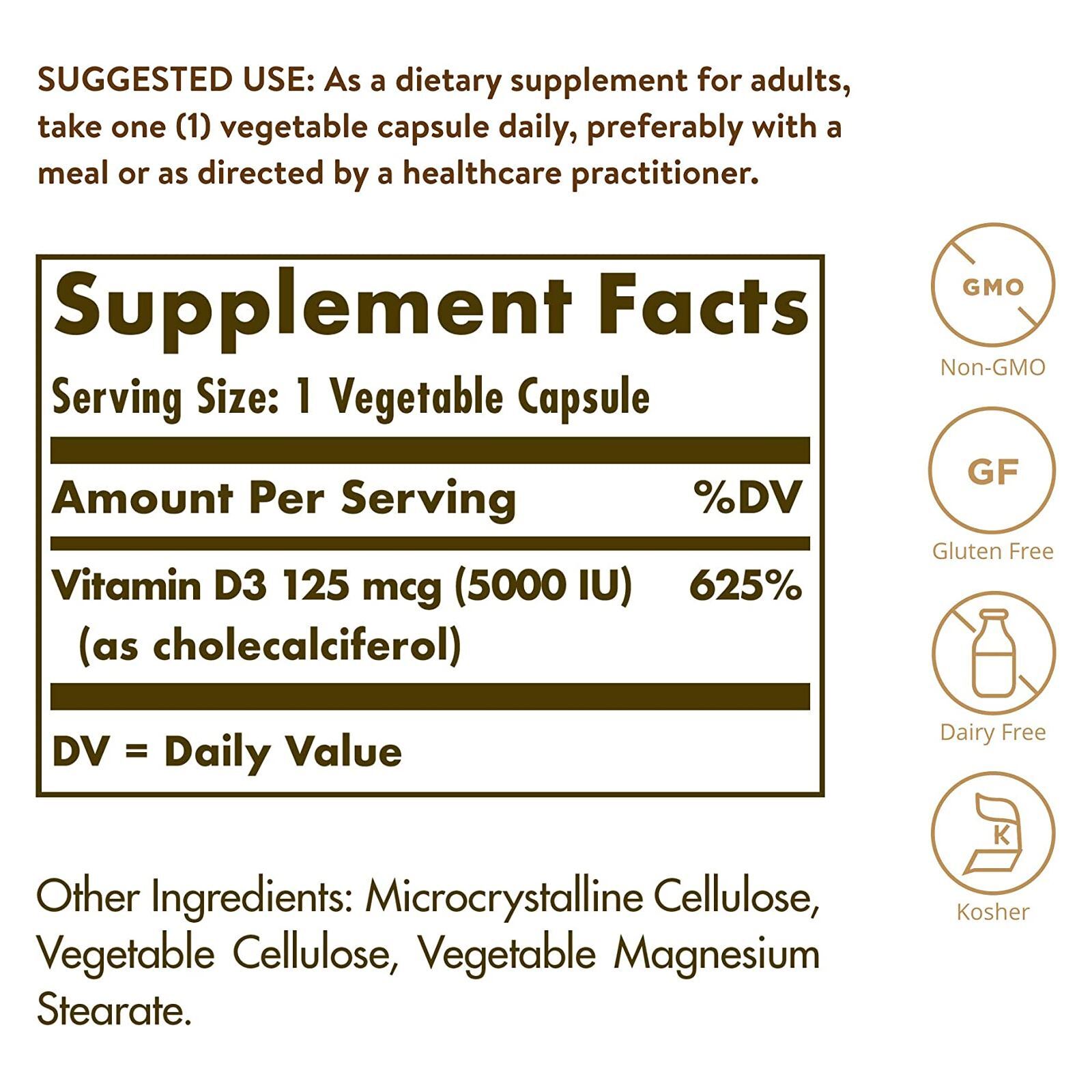 Solgar Vitamin D3 (Cholecalciferol) 125 mcg (5000 IU) 240 Vegetable Capsules