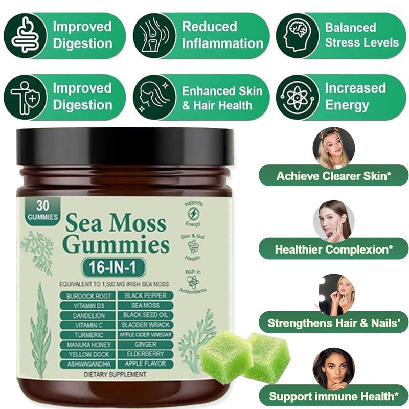 16 in 1 Organic Sea Moss Gummy | Irishmoss Extract 6000Mg | Green Apple Flavor