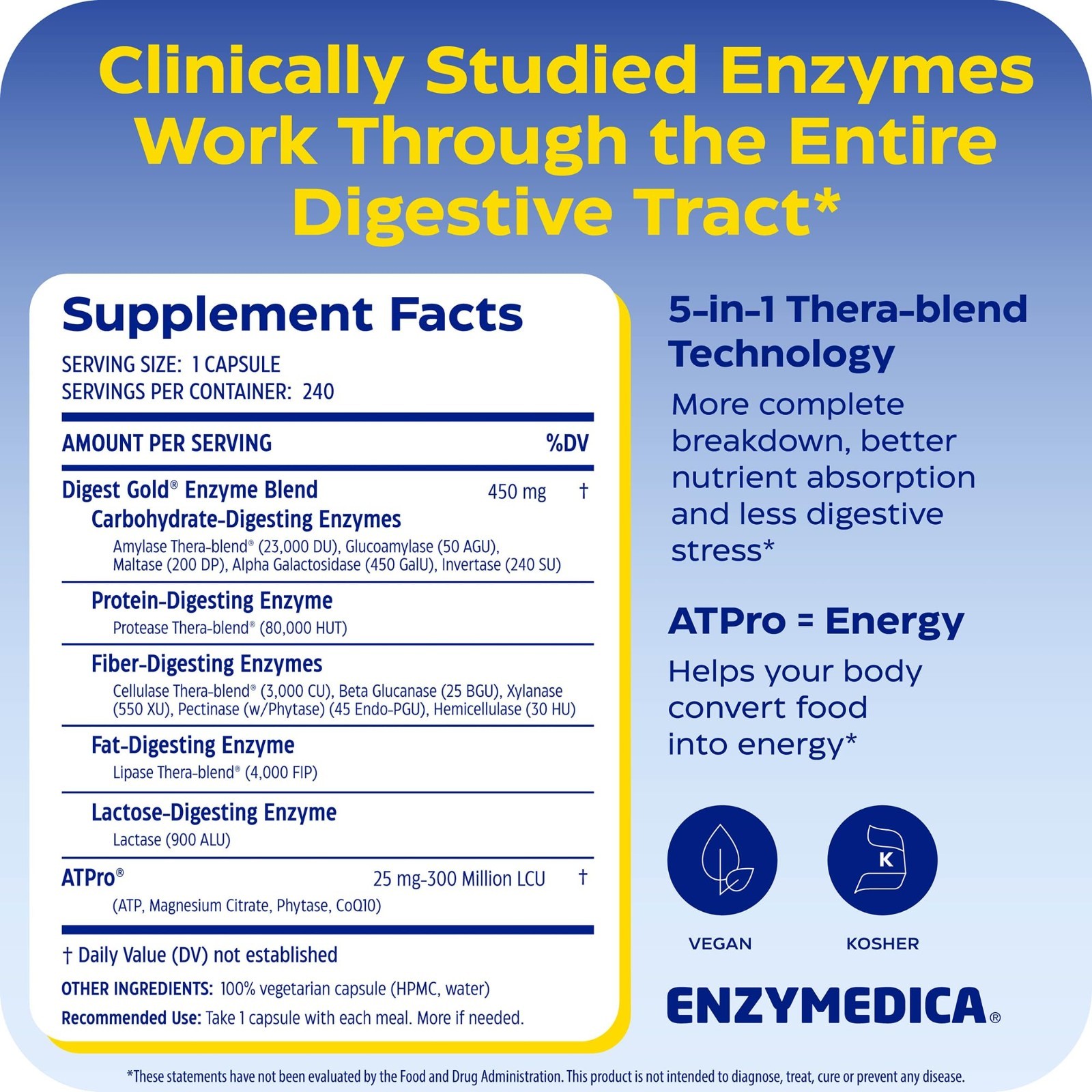 Maximum Strength Digestive Enzymes – Energy Support, 240 Capsules, ATPro Formula