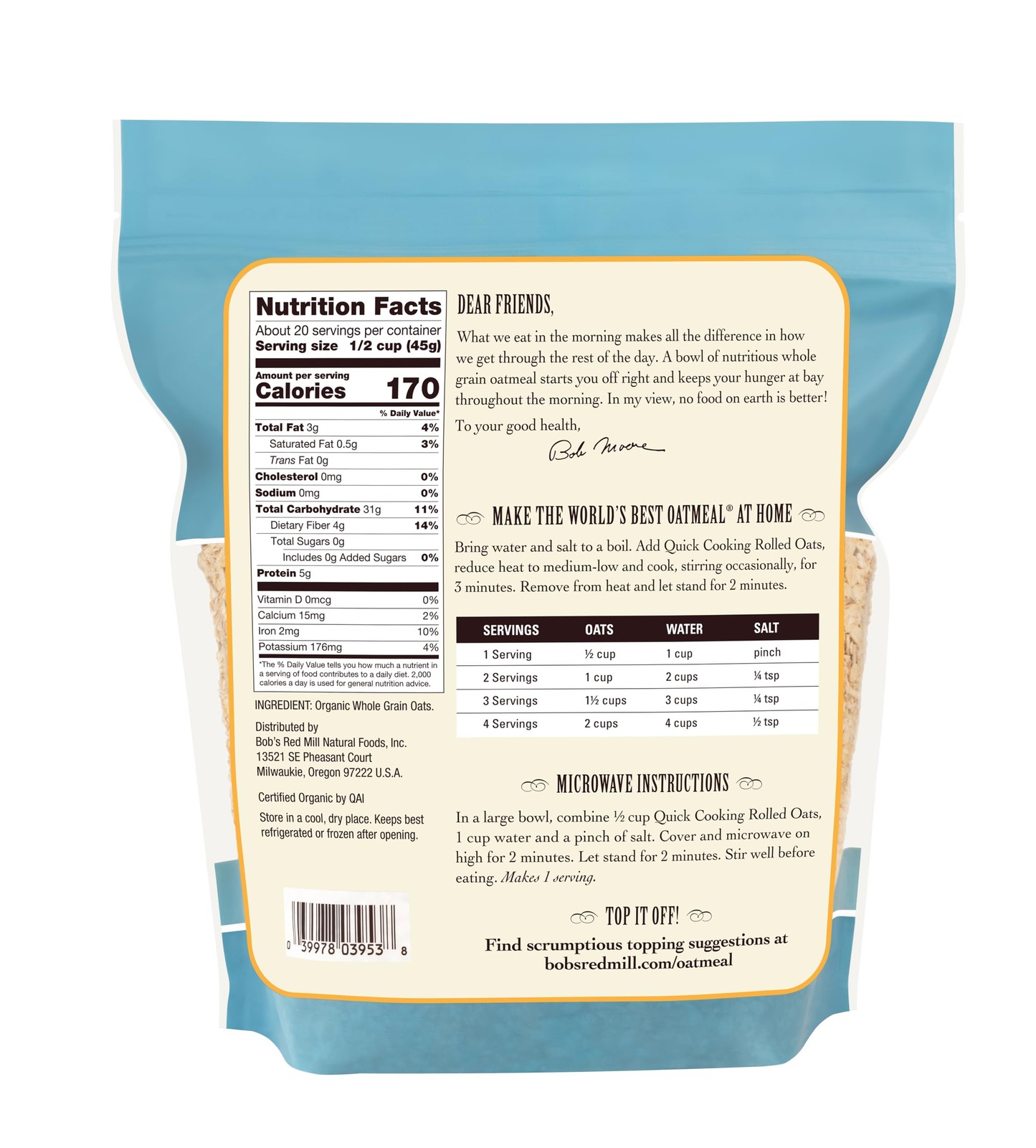 Bob’s Red Mill Organic Quick Cooking Rolled Oats, 32oz 32 Ounce (Pack of 4)