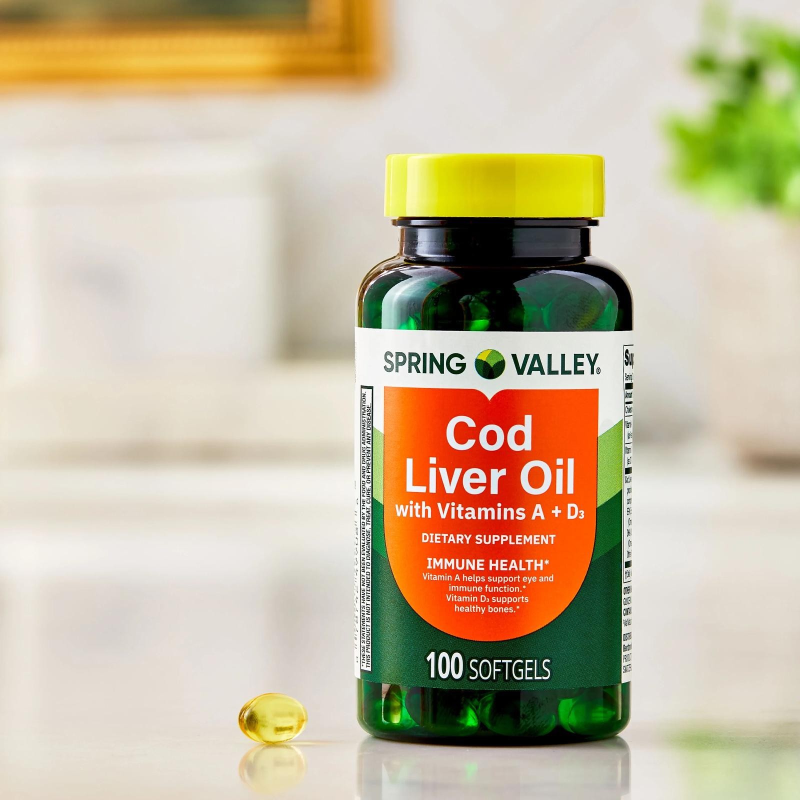 Spring Valley Cod Liver Oil Vitamins A & D3 Bone Skin Health Vision 100 Softgels