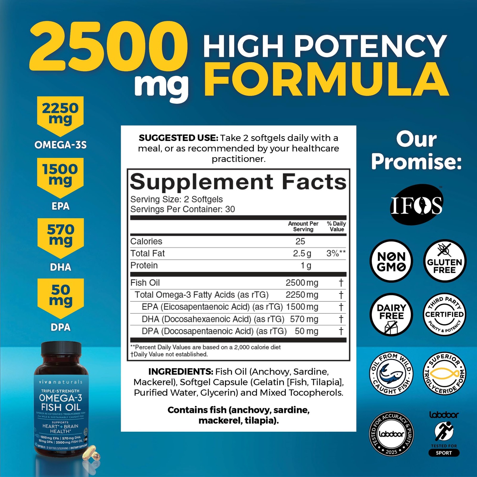 Viva Naturals Omega-3 Fish Oil Triple Strength 2500 Mg 60 Softgels