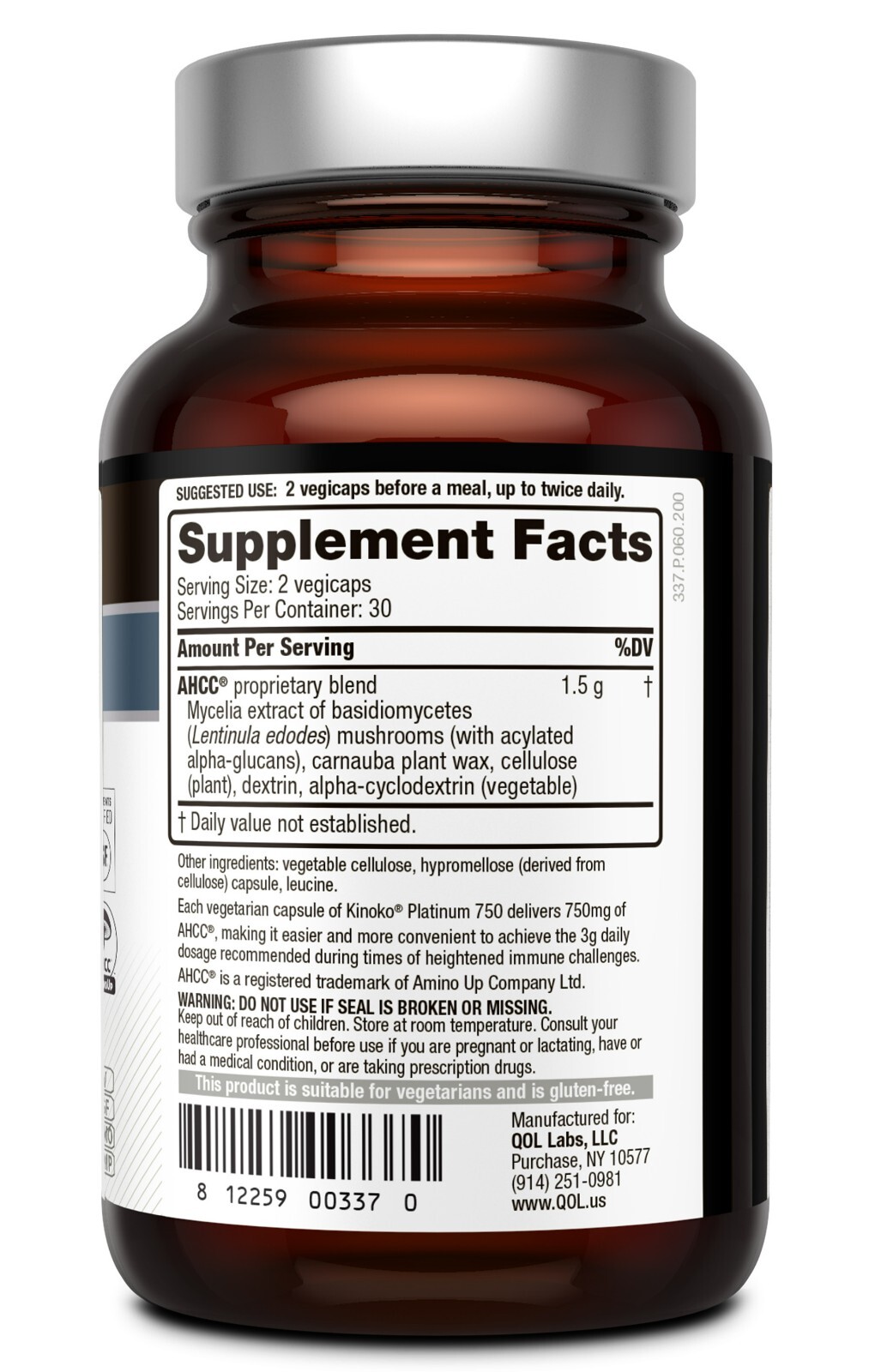 Kinoko Platinum AHCC 750 mg – Immune Supplement – Quality of Life – 60 Count