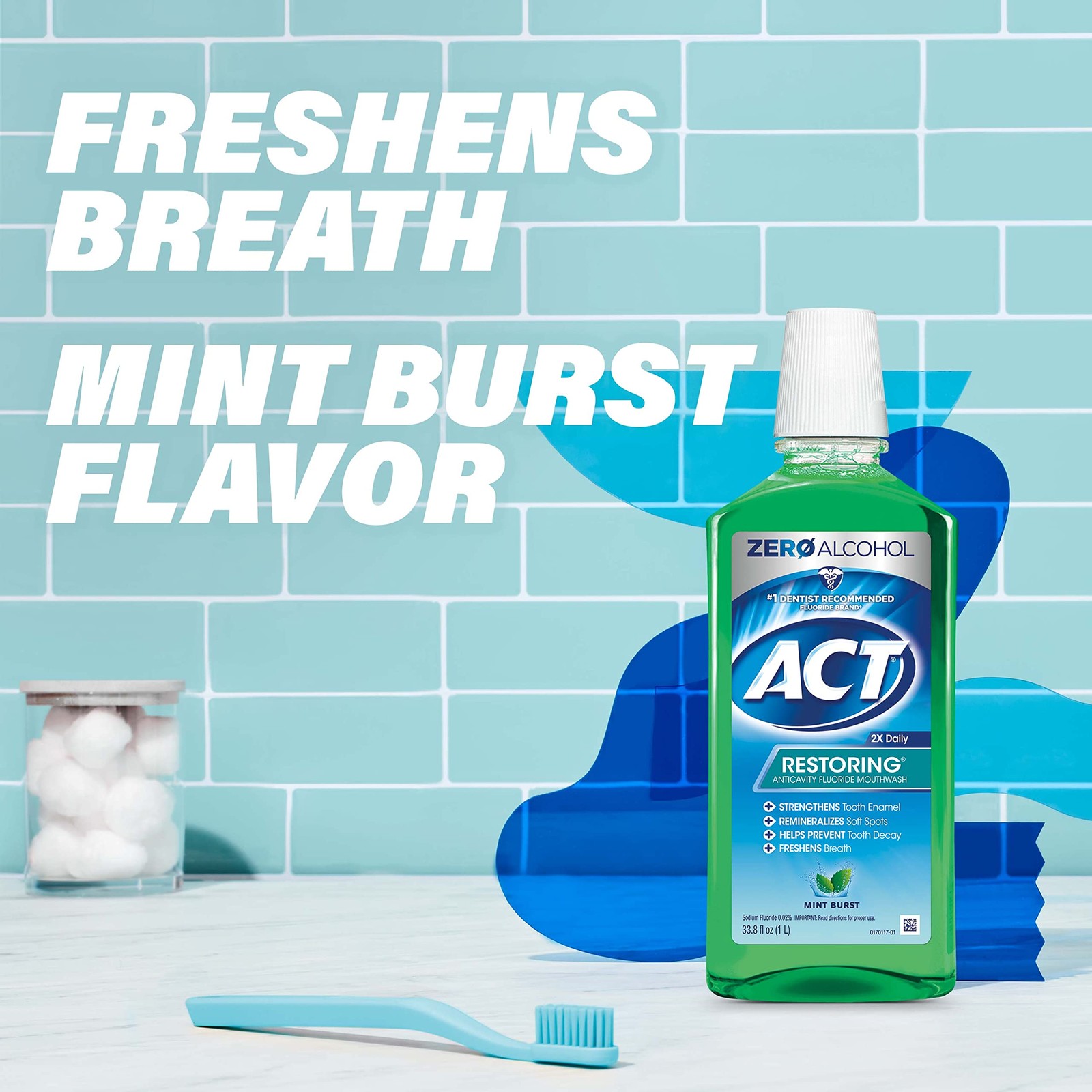 ACT Restoring Zero Alcohol Fluoride Mouthwash 33.8 Fl Oz (Pack of 2), Green