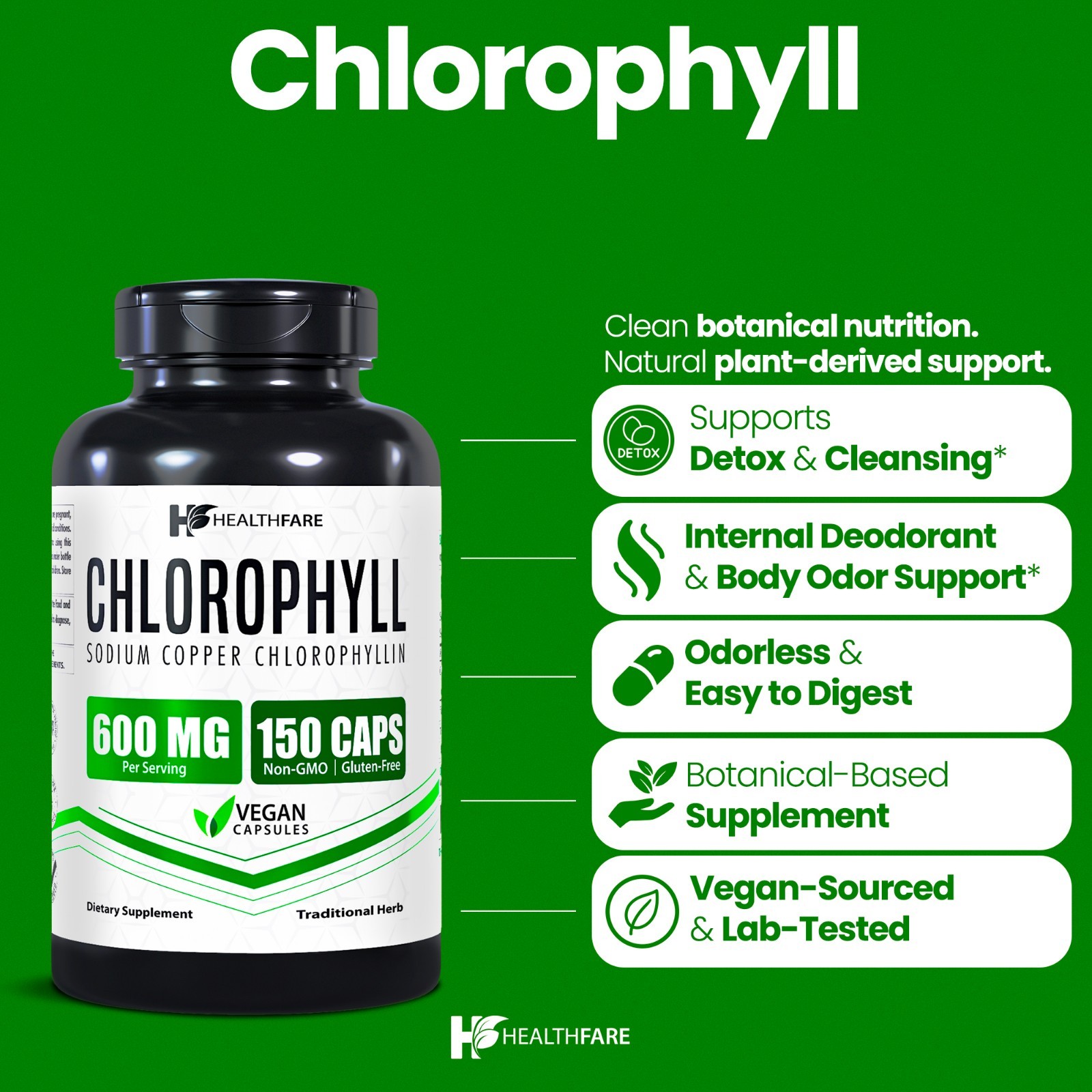 Healthfare Chlorophyll Capsules 600mg | 150 Veg Capsules | Premium Plant-Based