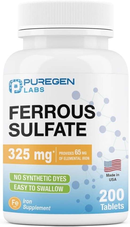 Puregen Labs Ferrous Sulfate 325 mg 65 mg Elemental Iron High Potency 200 Tabs
