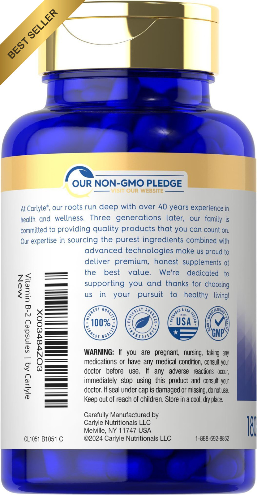 Carlyle Vitamin B-2 400mg 180 Count Non-GMO Gluten Free Riboflavin Supplement