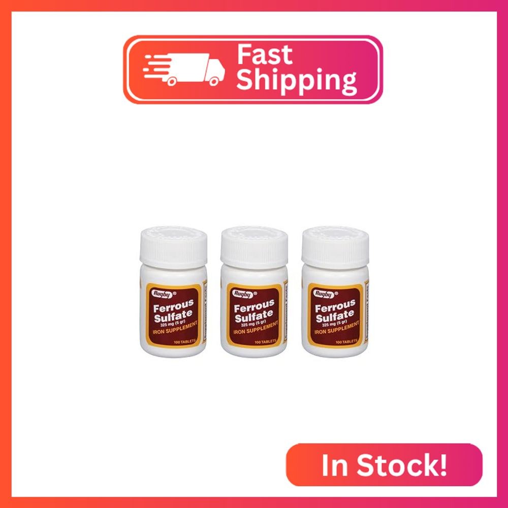 Rugby Ferrous Sulfate 325mg Tablets – Iron Supplement for Women and Men – 100 Co