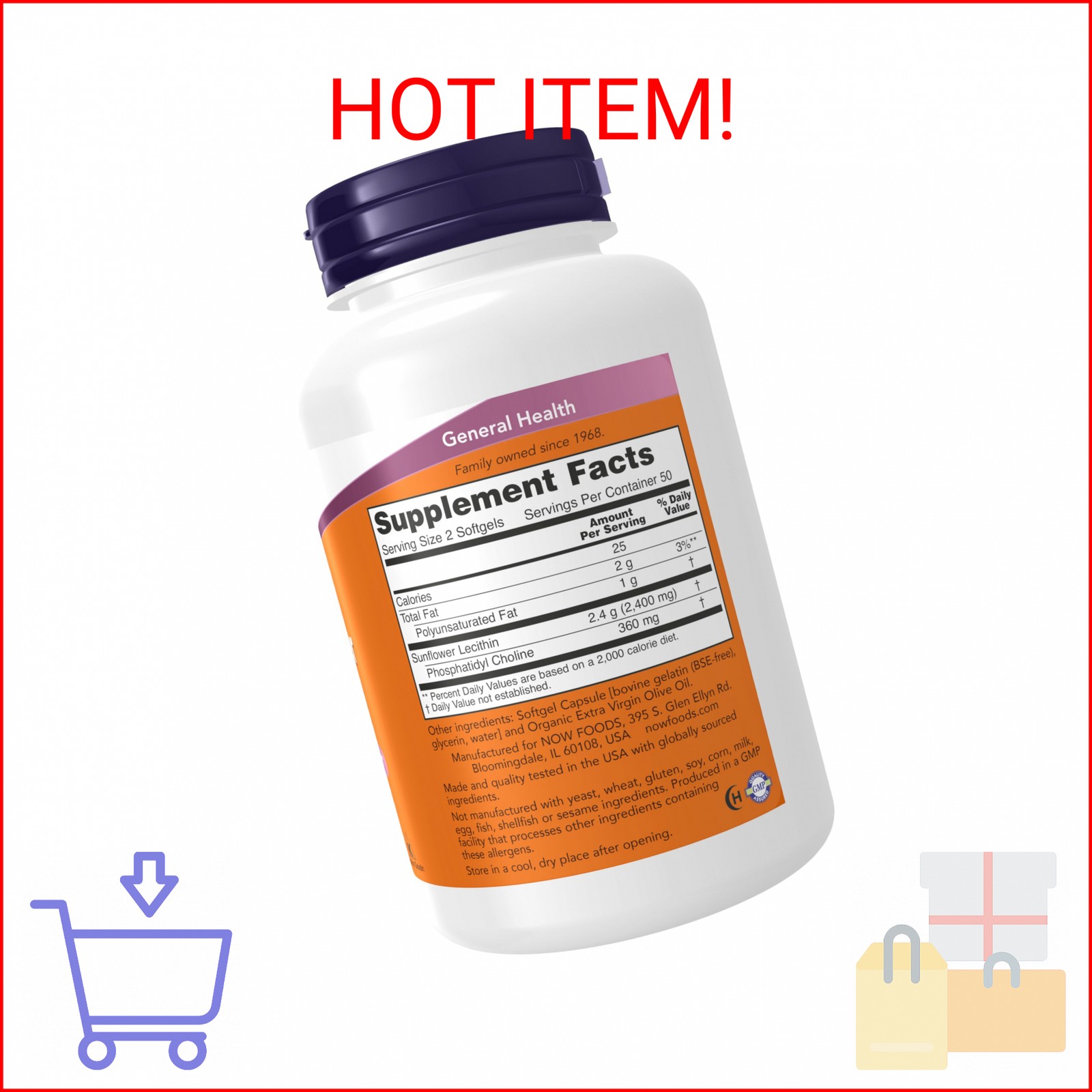 NOW Foods Supplements, Sunflower Lecithin 1200 mg with Phosphatidyl Choline, 100